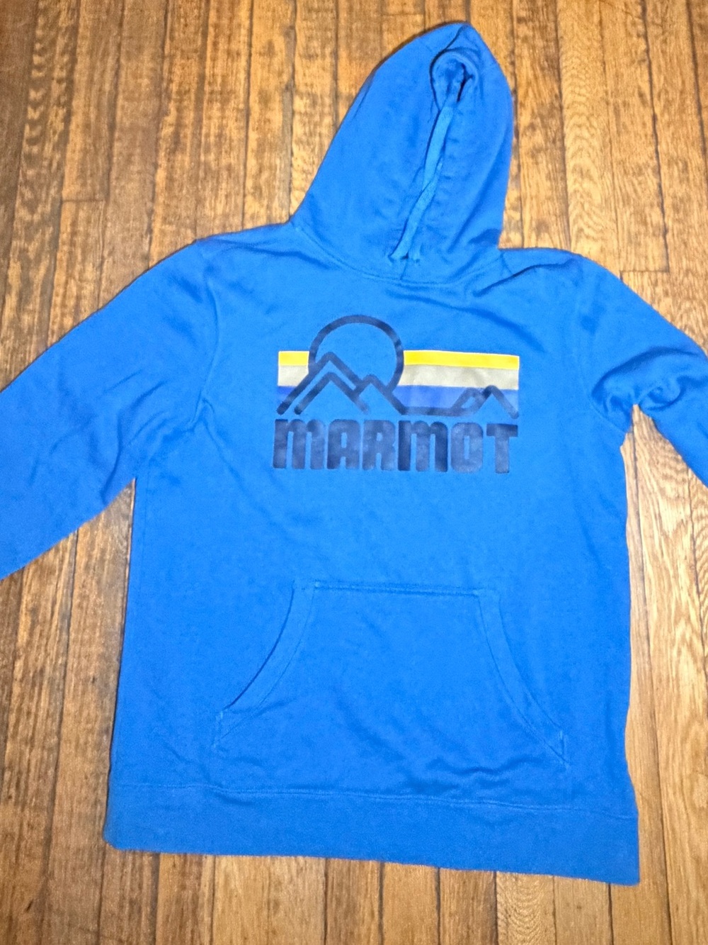 Marmot Hoodie Mens Large Blue Mountain Logo Graphic Pullover Sweatshirt L